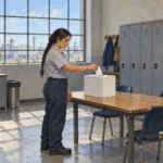 A painted worker places a folded ballot into a box on a workplace table.
