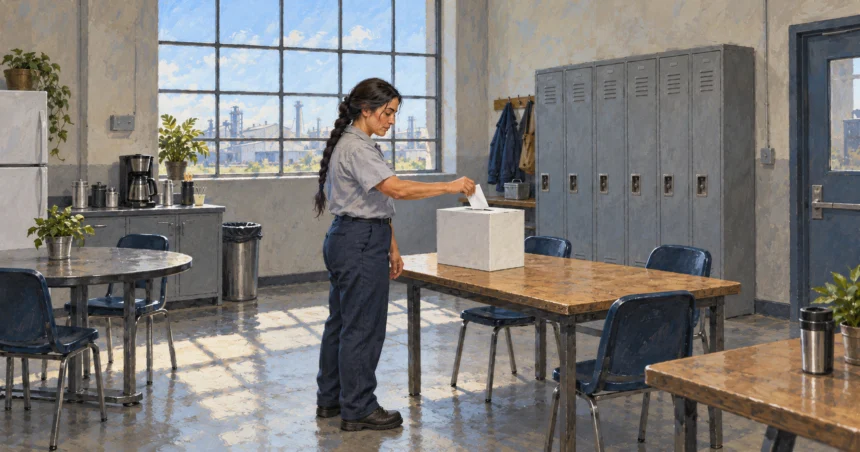 A painted worker places a folded ballot into a box on a workplace table.