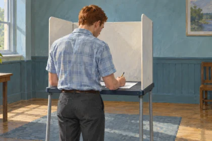 A voter marks a paper ballot behind a privacy partition in a polling room.