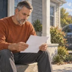 A man in a rust sweater examines a blank paper on a porch beside car keys and a parked car.