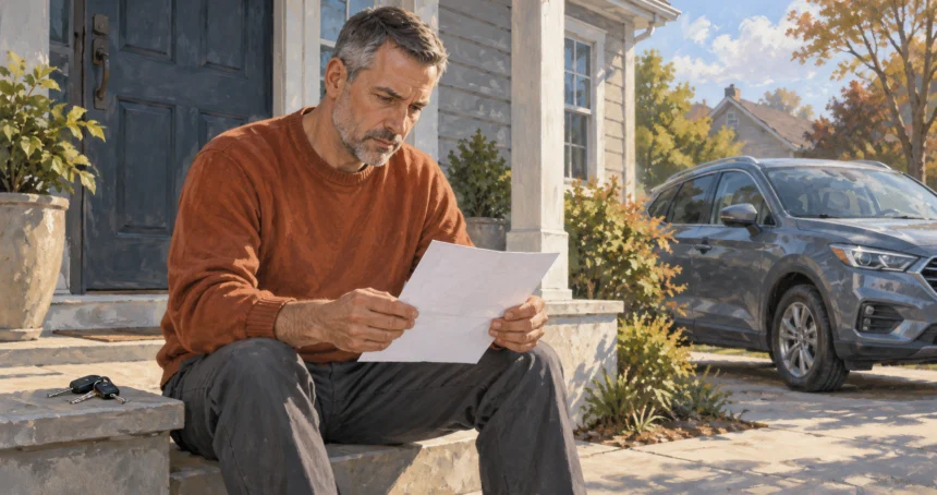 A man in a rust sweater examines a blank paper on a porch beside car keys and a parked car.