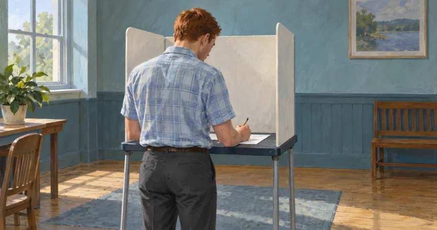 A voter marks a paper ballot behind a privacy partition in a polling room.