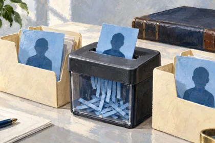 A painted paper shredder cuts a blue profile card while matching cards remain in two file folders beside a closed ledger.