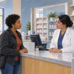A patient and pharmacist discuss a prescription at a pharmacy counter.