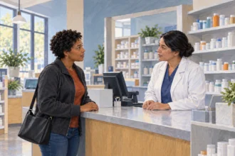 A patient and pharmacist discuss a prescription at a pharmacy counter.