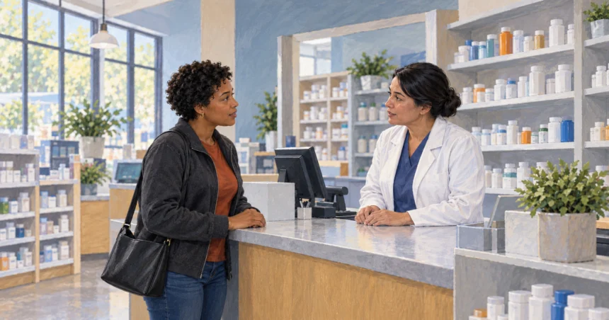 A patient and pharmacist discuss a prescription at a pharmacy counter.