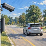 Painted illustration of a roadside camera facing the rear of a car traveling away.