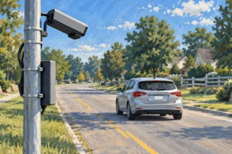 Painted illustration of a roadside camera facing the rear of a car traveling away.