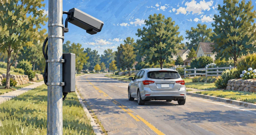 Painted illustration of a roadside camera facing the rear of a car traveling away.